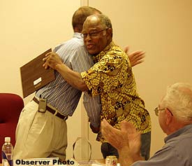 FCWB member Warren Downs gives Mr. Presley a hand in recognition of his service.