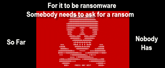 Ransomware (image of skull and crossbones: "for it to be ransomware, somebody has to ask for ransom.