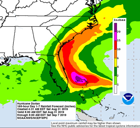 NOAA rain event map (valid August 31, 8 am).