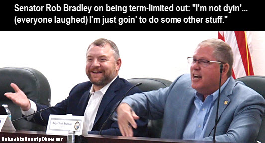 Senator Rob Bradley and Representative Chuck Brannon during a light moment at the legislative delegation