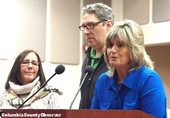 Laura Hunter addresses the County 5 as Todd Sampson and Robin Tobak-Ward look on.