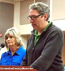 Todd Sampson addresses the County 5 as Laura Hunter looks on. 