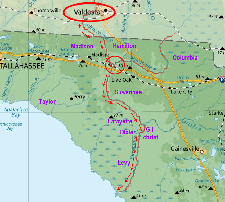 Map showing Valdosta Withlacoochie river and waste water flow