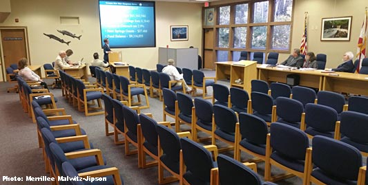 September 10 Board Budget Hearing. Sitting in front in the middle is Board member Johns, with District Director Hugh Thomas (left) and Attorney Reeves (right)