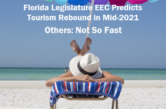 Photo of woman on beach. Copy: Florida Legislature EEC predicts tourism rebound in mid-2020. Others, not so fast