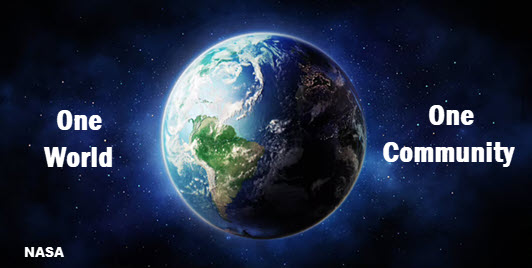NASA photo of earth from outer space. Copy reads: one world - one community