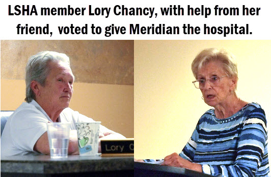 Lory Chancy and Jane Creel with headline: Lake Shore Hospital Authority Member Lorry Chancy, with help from her friend, voted to give Merician the hospital.