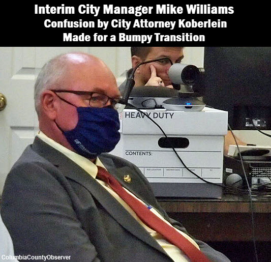 Photo of Mike Williams in City Hall audience, with caption: It's official – again – Mikee Williams is interim Lake City, City Manager, but not withouut a couple of bumps in the road