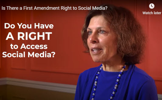 Image of Nadine Strossen from her Talk on Law video about Social Media Companies and application of the First Amendment