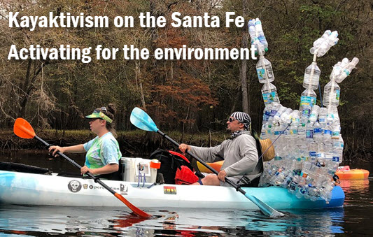 Kayak on the Santa Fe River with a plastic bottle collage of empty bottles