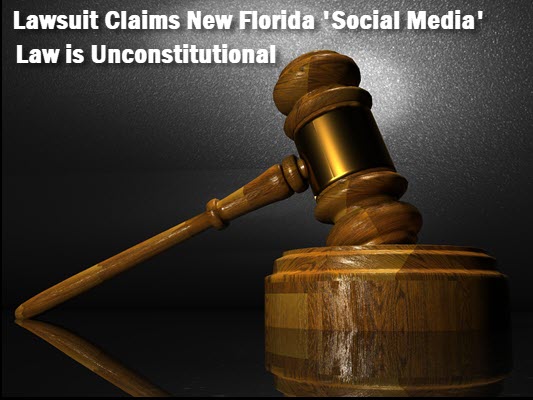 Image of gavel with copy: Florida sued over new big tech social media law.