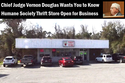 Lake City Humane Society thrift store with caption: Chief Judge Vernon Douglas wants you to know, humane society thrift store open for business