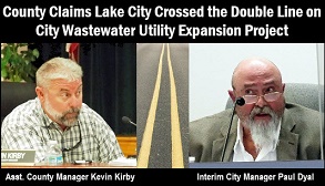 Photos of Kevin Kirby and Paul Dyal with roadway double yellow line inbetween. Caption: County claims Lake City crossed the double line on City wastewater utility expansion project