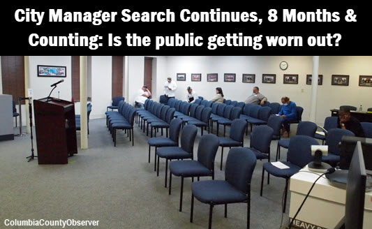 Photo of an almost empty City Council Chamber with caption: City Manager search continues, 8 months and counting: Is the public getting worn out?