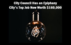 Photo of light bulb with caption: Lake City City Council has an epiphany. City's top job now worth $160,000