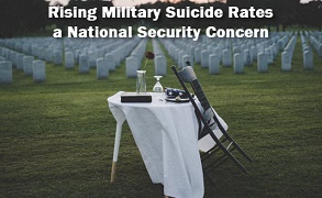 Photo of military cemetary with caption: Rising military recruitment and veteran suicide rates - cause for concern