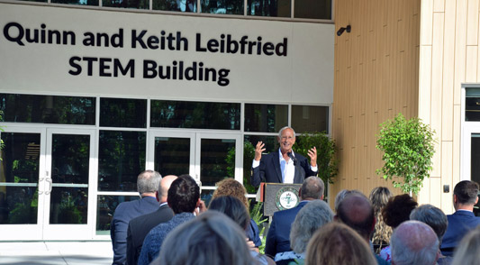 Keith Leibfried address the assembly at the grand opening of the Quinn and Keith Leibfried STEM building