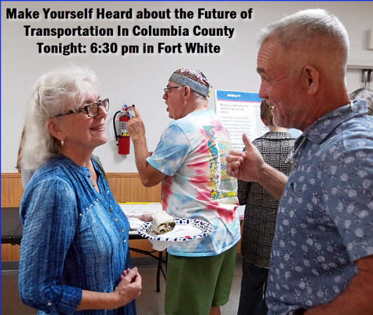 Alachua County Commissioner Marihelen Wheeler discusses transportation issues with Fort White Mayor Ronnie Frazier during the first meeting. In the background, Doug Jipson weighs in with his transportation ideas. 