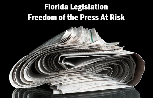 Photo of newspapers with headline: the free press and public discourse in Florida must be protected