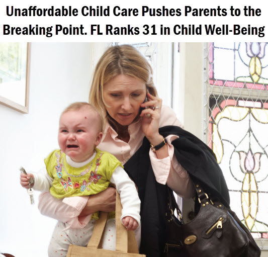 Mother with crying baby with headlline: Unaffordable childcare pushes parents to the breaking point