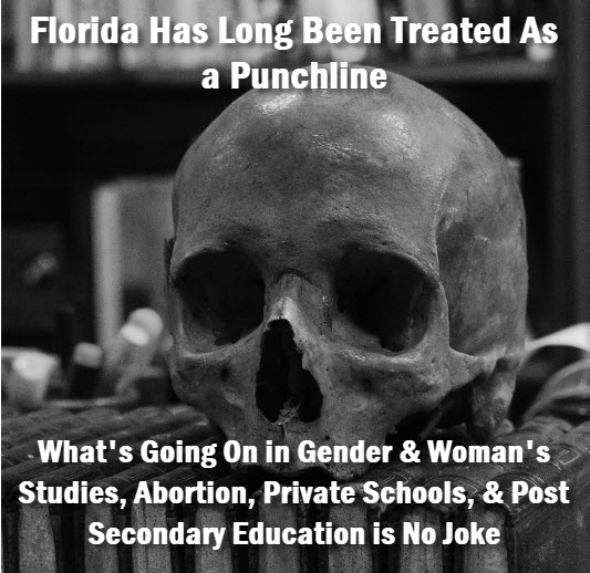 Skull on books with headline: Florida has long been treated as a punchline