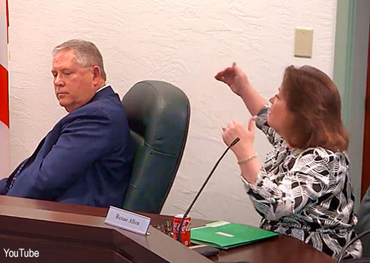 Board member Renae Allen makes a point as a not so happy Representative Brannan listens.