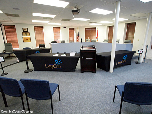 LC Council Chambers: an audience view of the barricade.
