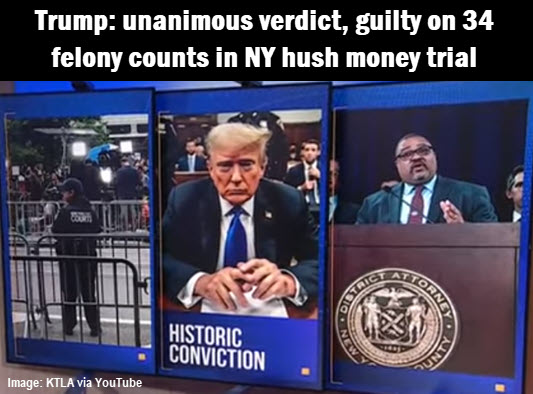 Image of Trump, Bragg, and street shot of Trump trial