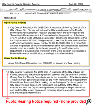Page from the City agenda showing the lack of notice of a public hearing